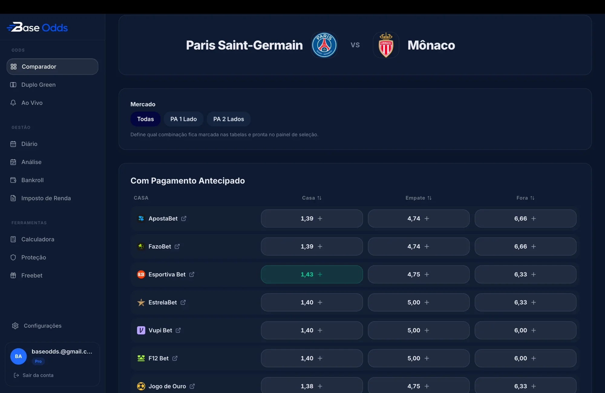 Base Odds — Seleção de odds no tema Escuro